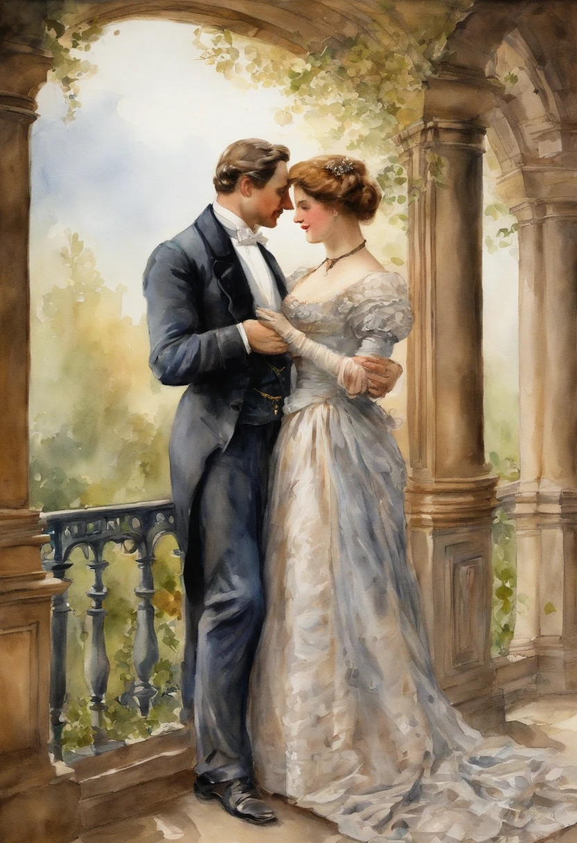 Full body shot, a Victorian female couple embracing on a veranda