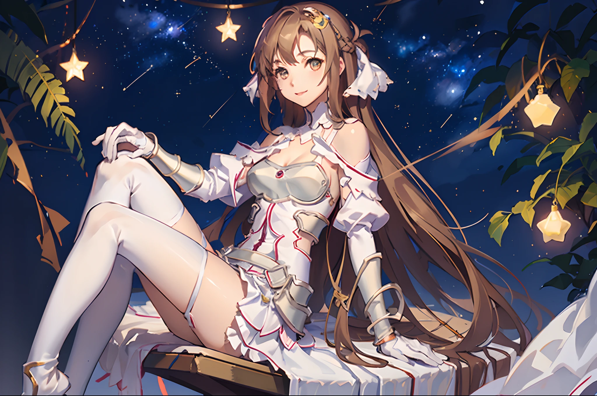 1 girl, masterpiece, best quality, perfectanatomy,ultra detailed, stacia, 1girl, solo, medium breasts, slim body, good hands, (good legs), (good knees), (night sky, stars), long hair, breasts, looking at viewer, happy, bangs, brown hair, thighhighs, gloves, dress, cleavage, bare shoulders, brown eyes, very long hair, (sitting on a bench), crossing legs, white gloves, white dress, armor, white thighhighs, garter straps, white armor,