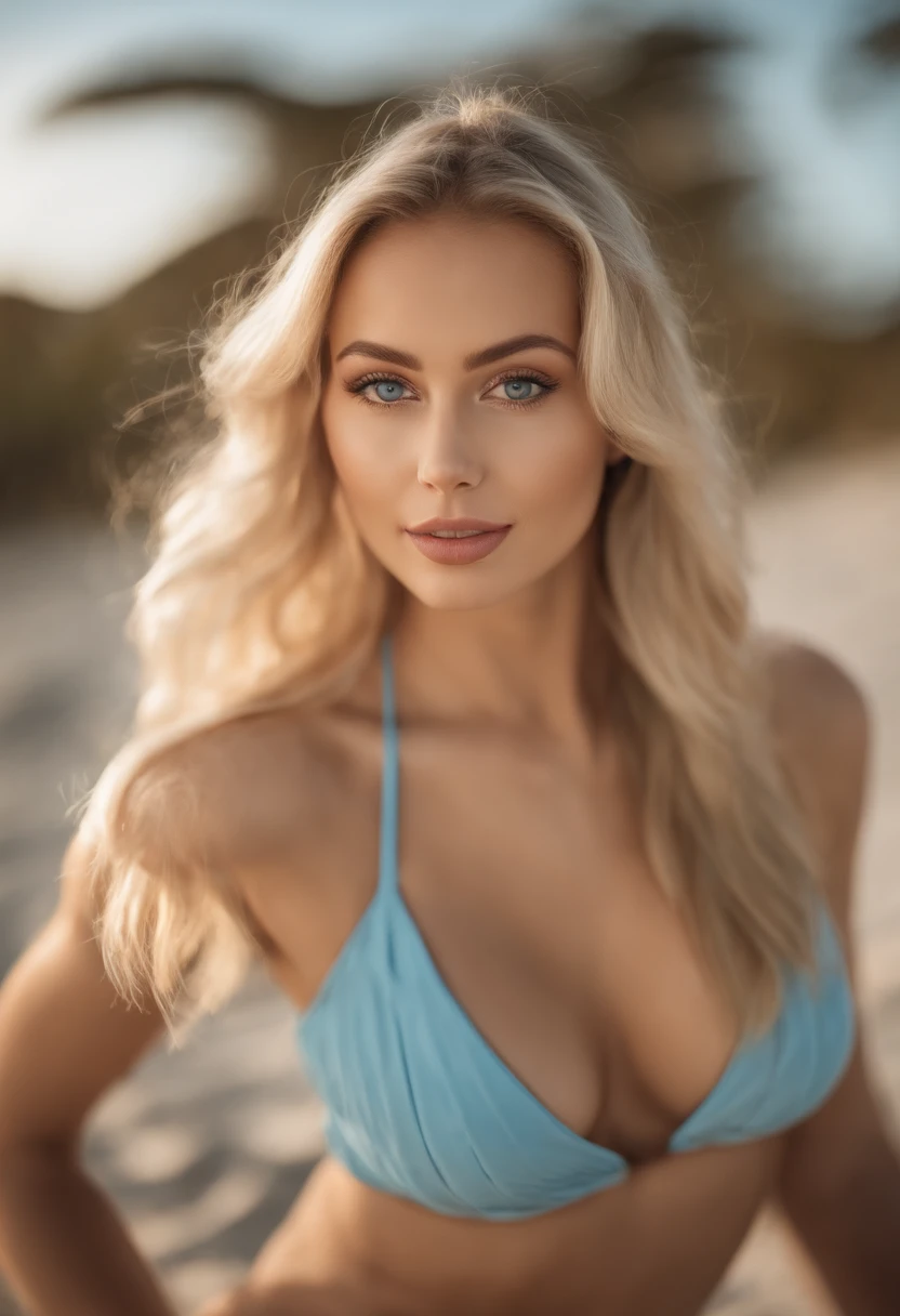 blonde woman with matching tank top and bikini bottoms posing on the beach, Sexy girl with blue eyes, portrait sophie mudd, Hintergrund verwischen, best quality, 1girls, Portrait de Corinna Kopf, blonde hair and large eyes, Selfie einer jungen Frau, ohne Make-up, Natural makeup, Blick direkt in die Kamera, Gesicht mit Artgram, dezentes Make-up, Great full body photo, im Zimmer, big boobs, Blond, Latein