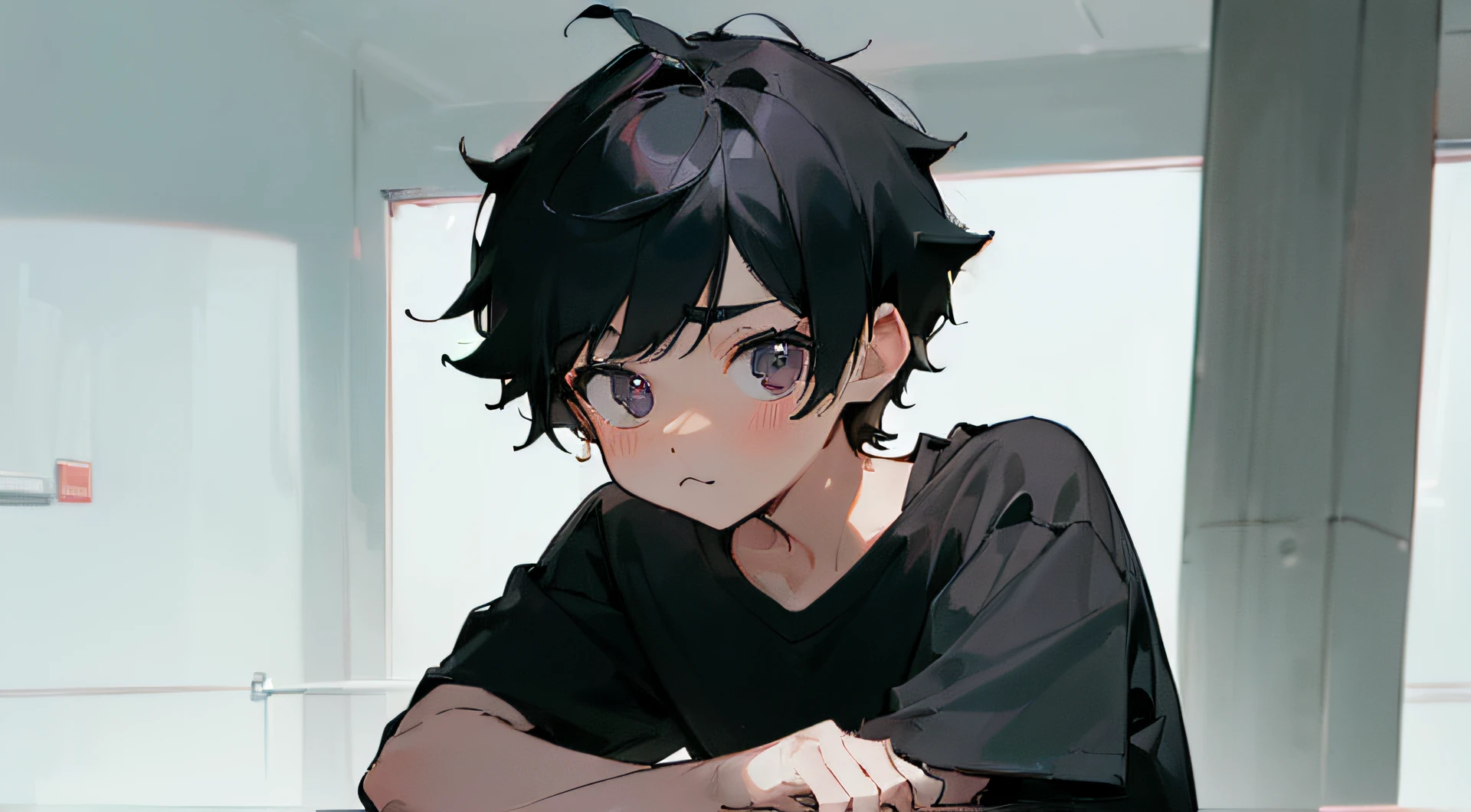 (cute:2), terrified, (having_no_self-confidence:1.5), sweat, upset, 1 boy, black_hair, very_short_hair, black_eyes, black_t-shirt, look_at_viewer, shoot_from_front, upper_body