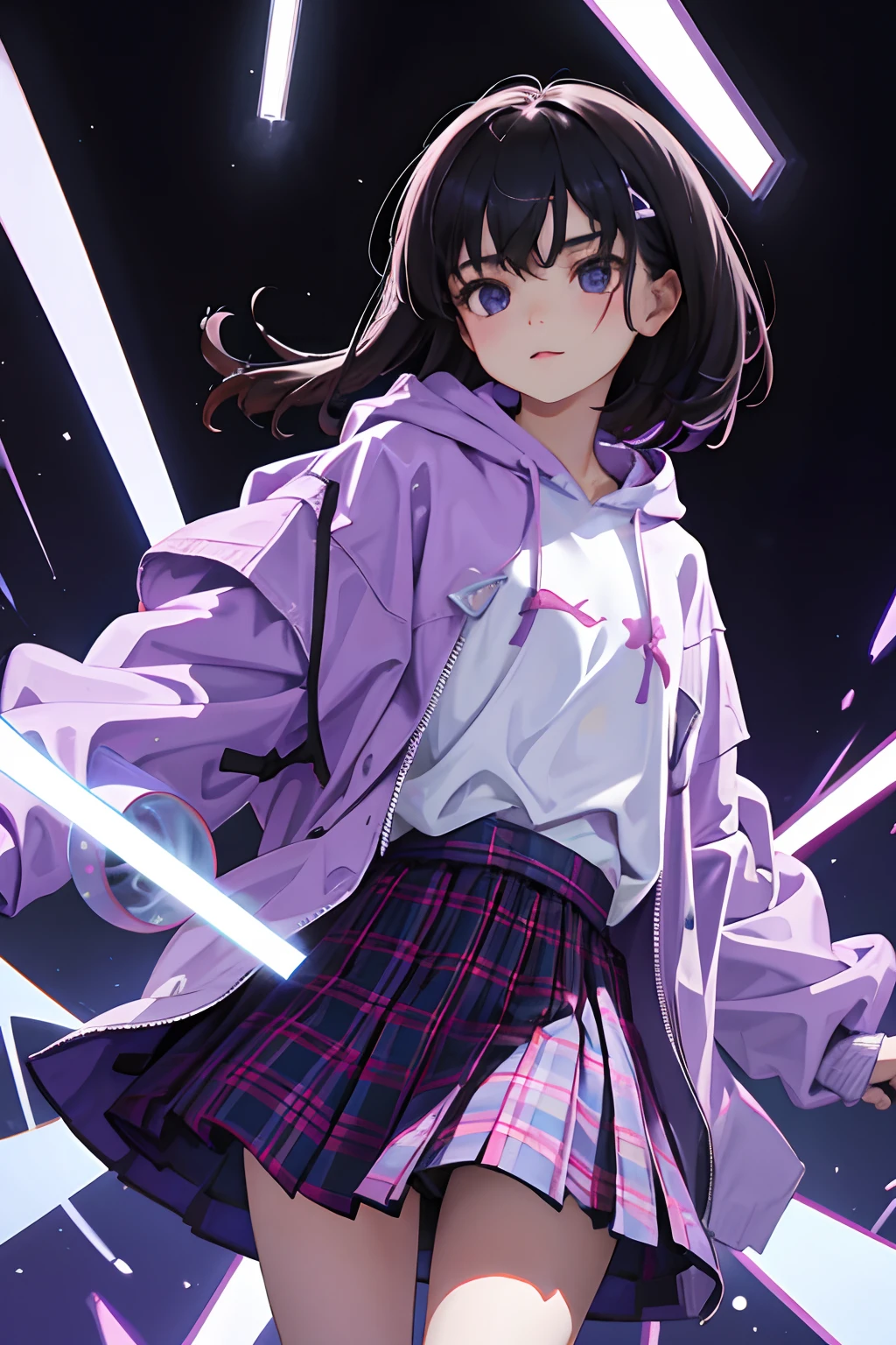 child，（​masterpiece，Highest Quality），Light Purple Hoodie，plaid skirts，A dark-haired，nigh sky，nighttime scene