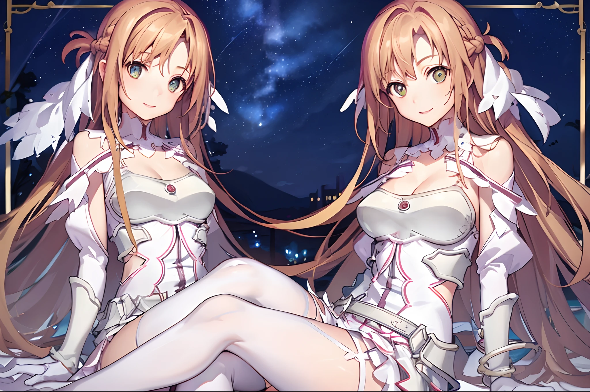 masterpiece, best quality, perfectanatomy,ultra detailed, stacia, (1girl:1.5), solo, medium breasts, slim body, good hands, (good legs), (good knees), (night sky, stars), long hair, breasts, looking at viewer, happy, bangs, brown hair, thighhighs, gloves, dress, cleavage, bare shoulders, brown eyes, very long hair, (sitting on a bench), crossing legs, white gloves, white dress, armor, white thighhighs, garter straps, white armor,