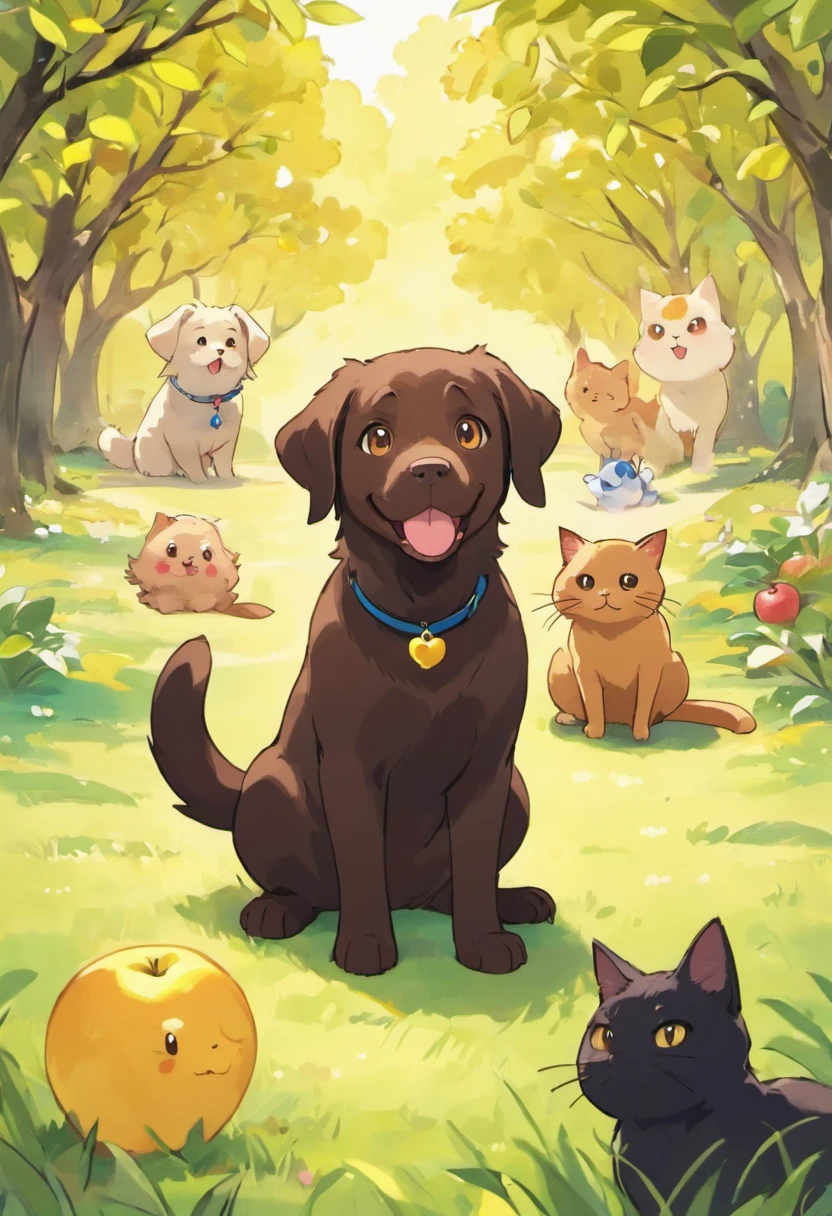 animated movie poster, in the center of the image there is a chocolate lab sitting next to a black long haired cat with yellow eyes. golden doodle with apricot colored ears, the chocolate lab has a happy goofy facial expression, and the black cat looks irritated and has large expressive eyes, the background is a grassy backyard with an apple tree and there are apples on the ground