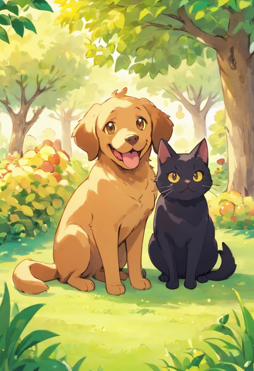 animated movie poster, in the center of the image there is a chocolate lab sitting next to a black long haired cat with yellow eyes. golden doodle with apricot colored ears, the chocolate lab has a happy goofy facial expression, and the black cat looks irritated and has large expressive eyes, the background is a grassy backyard with an apple tree and there are apples on the ground