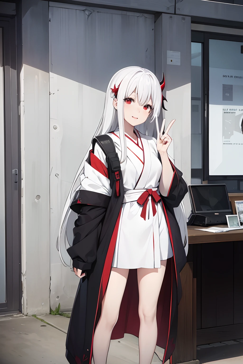 8l, 4k, high resolution, A vampire girl with white hair and red eyes, she is standing in a white kimono. She has her mouth wide open and looks ecstatic and is showing the camera peace signs