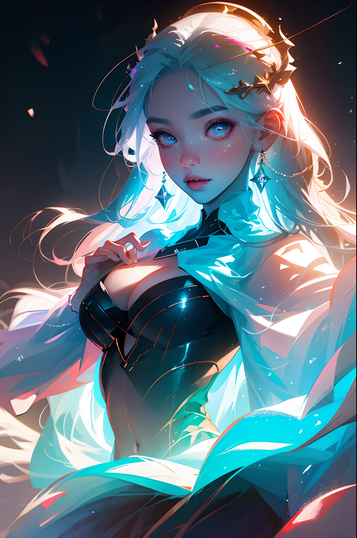 Winter goddess, absurdres, 1girl, huge gigantic breasts, cleavage showing, star eye, blushing, (realistic:1.5), (masterpiece, Extremely detailed CG unity 8k wallpaper, best quality, highres:1.2), (ultra_detailed, UHD:1.2), (pixiv:1.3), perfect illumination, distinct, (1girl:1.4), (bishoujo:1.2), looking at viewer, unreal engine, sidelighting, perfect face, detailed face, bangs, perfect body, beautiful eyes, pretty face, (bright skin:1.4), idol, (abs), ulzzang-6500-v1.1, (navel), ruins, light place, night, light aura, close-up, selfie, (angelic smile:1.1)snowing, winter world