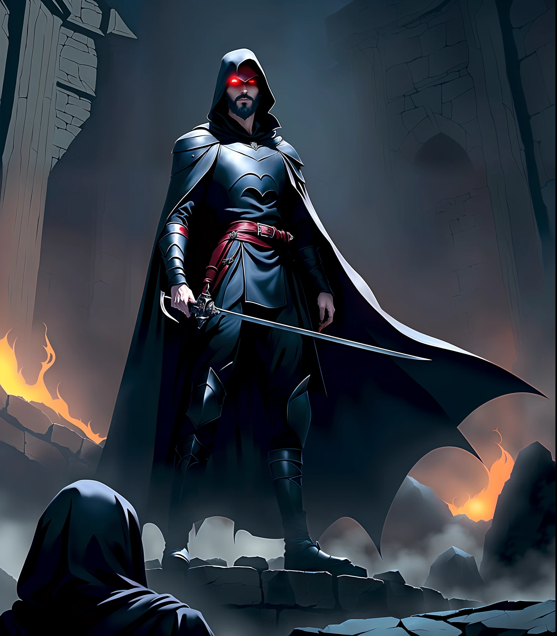 evil Vampire full red glow light both wide eyes big fangs pale skin shadow echo knight assassin, Duelist Vampire with Thin Beard in front of a building with a rapier tree in his hand, arte de rpg, dnd, dungeons and dragons, rogue, stealth, shadow, Standing on a stone platform, stand on a stone platform