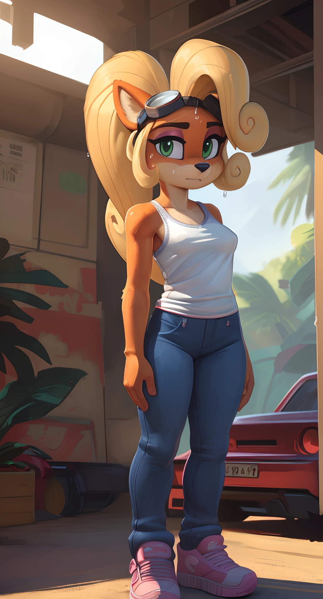 [Coco bandicoot], [Uploaded to e621.net; (Pixelsketcher), (wamudraws)], ((masterpiece)), ((high quality)), ((HD)), ((solo portrait)), ((full body)), ((front view)), ((furry; anthro)), ((detailed fur)), ((detailed shading)), ((beautiful render art)), ((front view)), ((shoes visible)), ((intricate details)), {anthro; orange fur, black nose, (cute half-closed green eyes), (pink eyeshadow), (expressionless), (sweating), blonde curly hair, curly ponytail}, {(white tank top pink lining), (small boobs), (nipple outline), (tight jeans), (pink sneakers), (goggles on head)}, {(standing), (hand at head), (looking ahead)}, [background; (tropical forest), (garage), (sun rays), (pink laptop)]