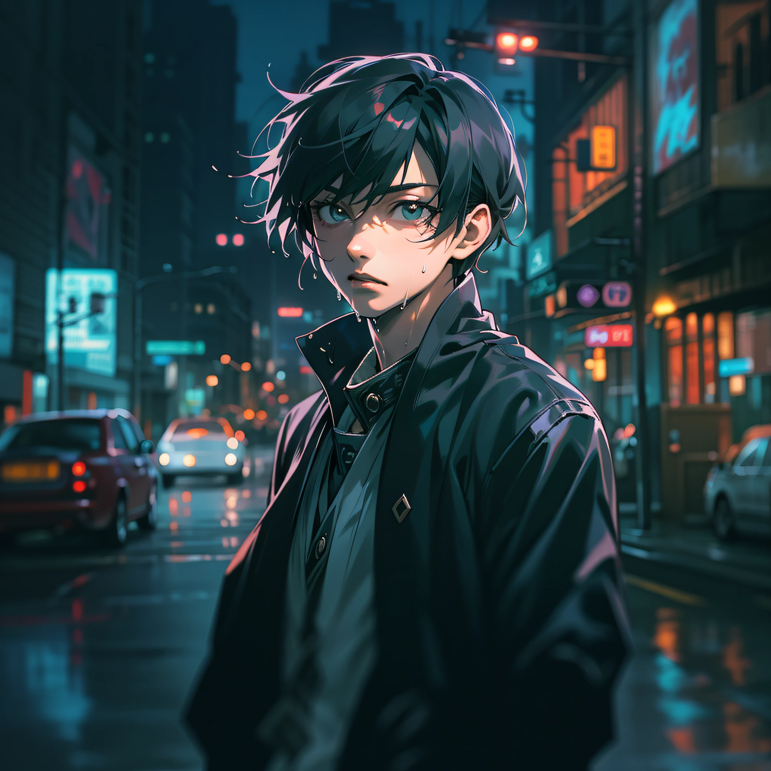 (anime/manga style:1.1), (Fujimoto style:1.1), (blurry background:1.1), (best quality:1.2), (ultra-detailed:1.1), (photo-realistic:1.37), (vivid colors), (studio lighting:1.1), (dark ambiance:0.9), (mysterious atmosphere:1.1), (dramatic lighting:1.1), (contrasting colors), (hazy glow:1.1), (reflection on wet pavement:1.1), (intense expression:1.1), (sharp focus), (glowing eyes:1.1), ( apathetic look:1.1), (meticulously styled hair), (textured clothing), (sharp tailoring:1.1), (sleek silhouette:1.1),