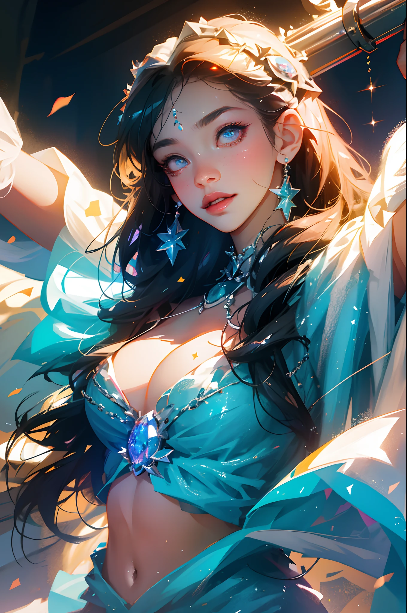 Winter goddess, absurdres, 1girl, huge gigantic breasts, cleavage showing, star eye, blushing, (realistic:1.5), (masterpiece, Extremely detailed CG unity 8k wallpaper, best quality, highres:1.2), (ultra_detailed, UHD:1.2), (pixiv:1.3), perfect illumination, distinct, (1girl:1.4), (bishoujo:1.2), looking at viewer, unreal engine, sidelighting, perfect face, detailed face, bangs, perfect body, beautiful eyes, pretty face, (bright skin:1.4), idol, (abs), ulzzang-6500-v1.1, (navel), ruins, light place, night, light aura, close-up, selfie, (angelic smile:1.1)snowing, winter world