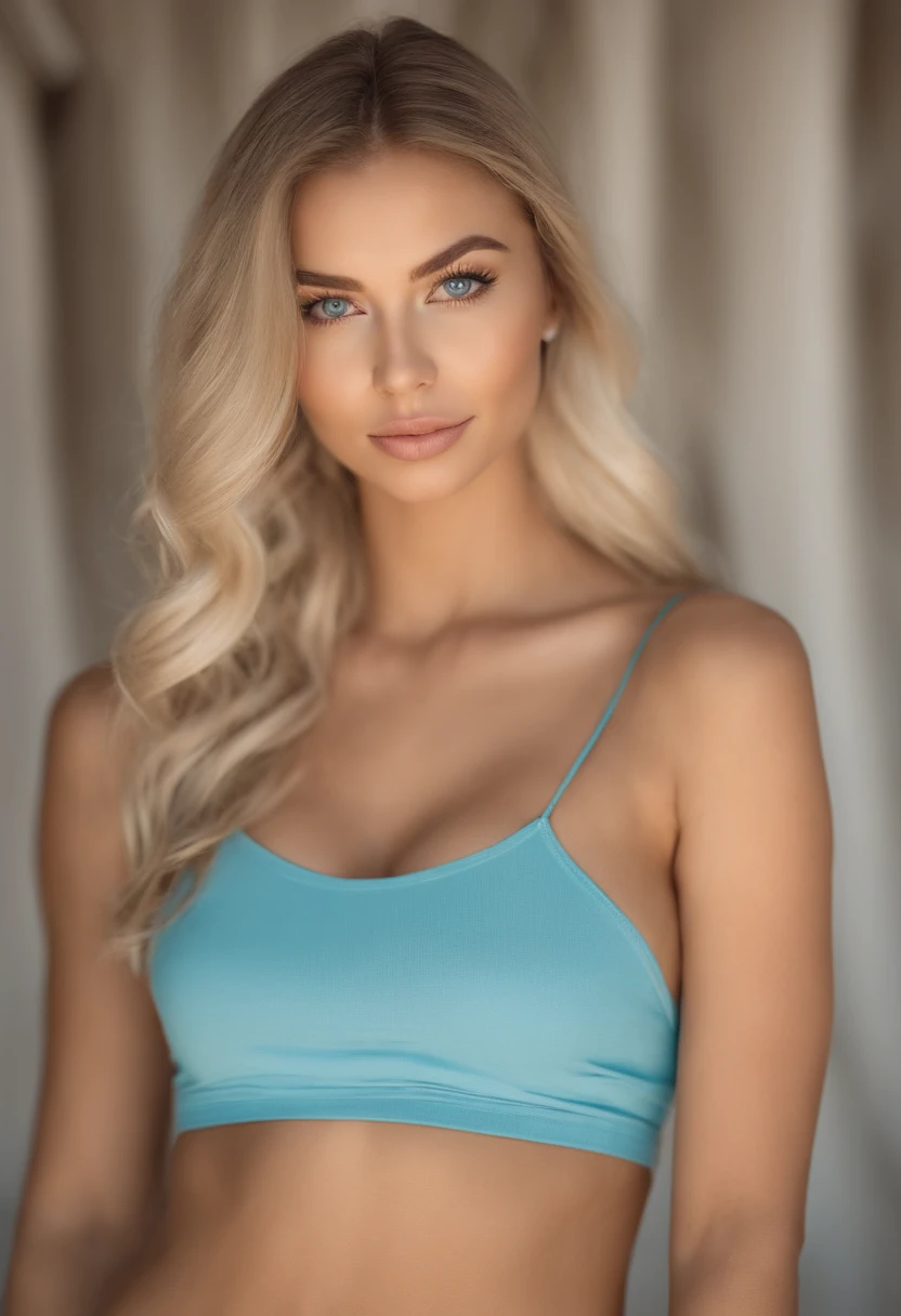 Blonde woman poses with matching vest and skirt, Sexy blue-eyed girl, portrait sophie mudd, blur backgroun, Best quality, 1girll, Portrait of Corinna Kopf, blonde hair and large eyes, selfie of a young woman, Aoun makeup, Natural makeup, Look directly into the camera, face with artgram, Decent makeup, Great full body photo, Being in the room, Large of breast, Blonde, latina