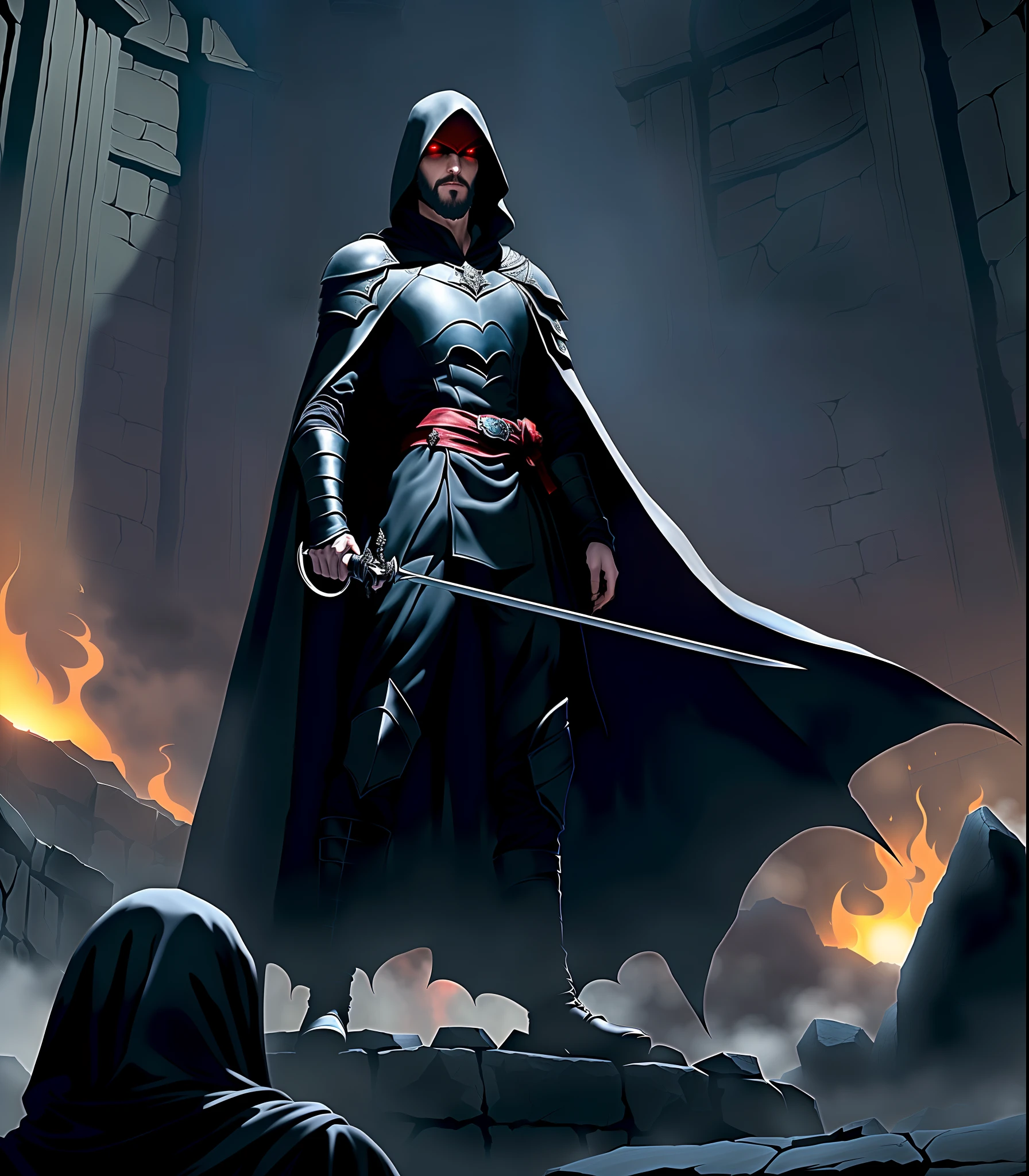 evil Vampire full red glow light both wide eyes big fangs pale skin shadow echo knight assassin, Duelist Vampire with Thin Beard in front of a building with a rapier tree in his hand, arte de rpg, dnd, dungeons and dragons, rogue, stealth, shadow, Standing on a stone platform, stand on a stone platform