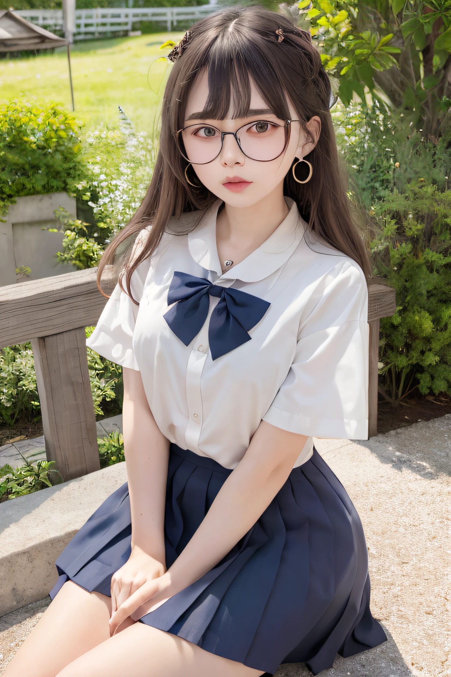 Highest quality、masterpiece、8k、Very detailed、Realistic、One girl、Looking at me with a smile、Black Hair、Braid、Small face、Slender、Big Breasts、Thin and beautiful legs、narrow and constricted waist,、Glasses、Young face、A tight-fitting short-sleeved white shirt with buttons and a collar、Short navy blue pleated skirt、Red ribbon on chest