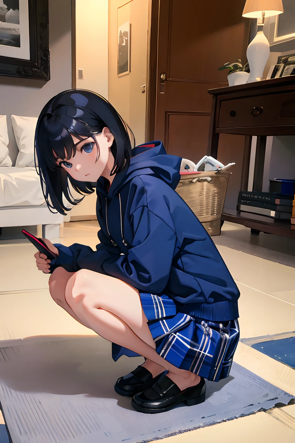 crouching down,,(masterpiece,Highest Quality),Dark blue hoodie,plaid skirts,A dark-haired