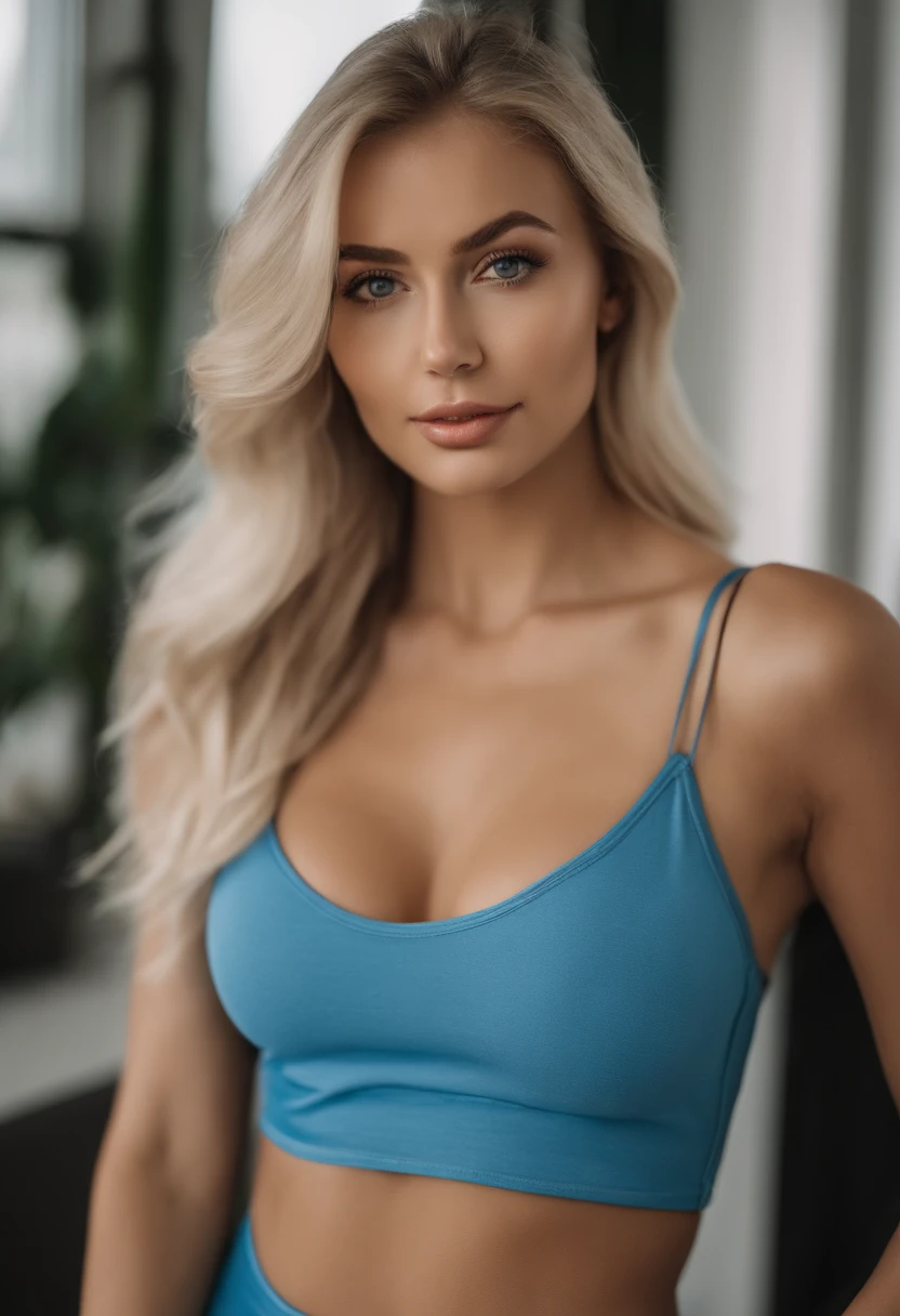 A woman in a matching T-shirt and panties, Sexy girl with blue eyes, portrait sophie mudd, Portrait of de Corinnne Kopf, blonde hair and large eyes, selfie of a young woman, Макияж Without, natural makeup, Look directly into the camera, face with artgram, dezentes Make-up, Excellent full-length photography, in a room, big breastes, blonde, Latina, breasts exposed, Shirtless shirt, Tits Out, Chest Out,