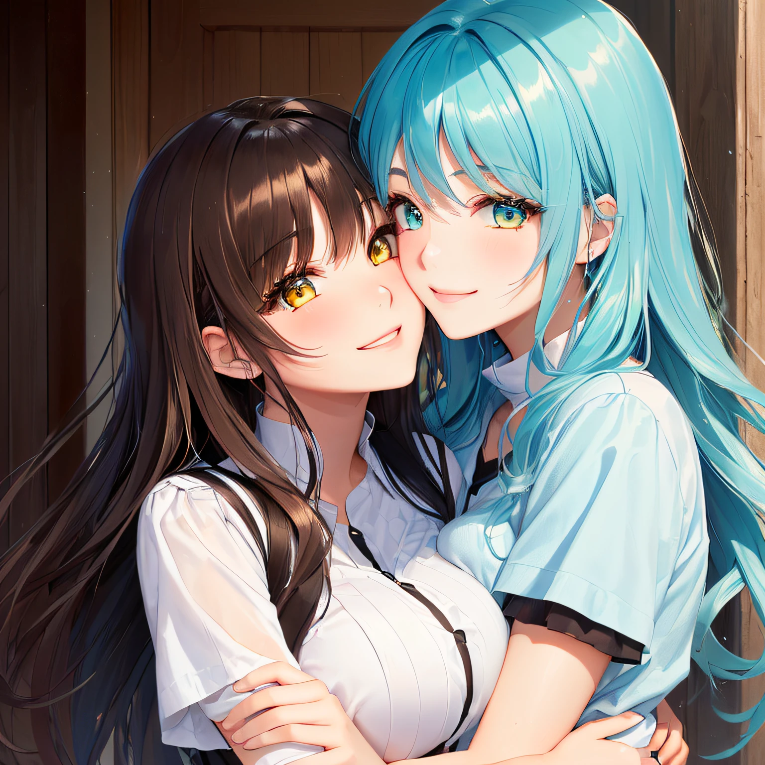 2 girls Bright Yellow eyes , bright teal eyes Fully  Short Brown Hair Two girls hugging and kissing Short brown wavy hair , long Light blue hair Short brown hair ,  , Big round tits Fully  SMug smile Drench in  ages 25