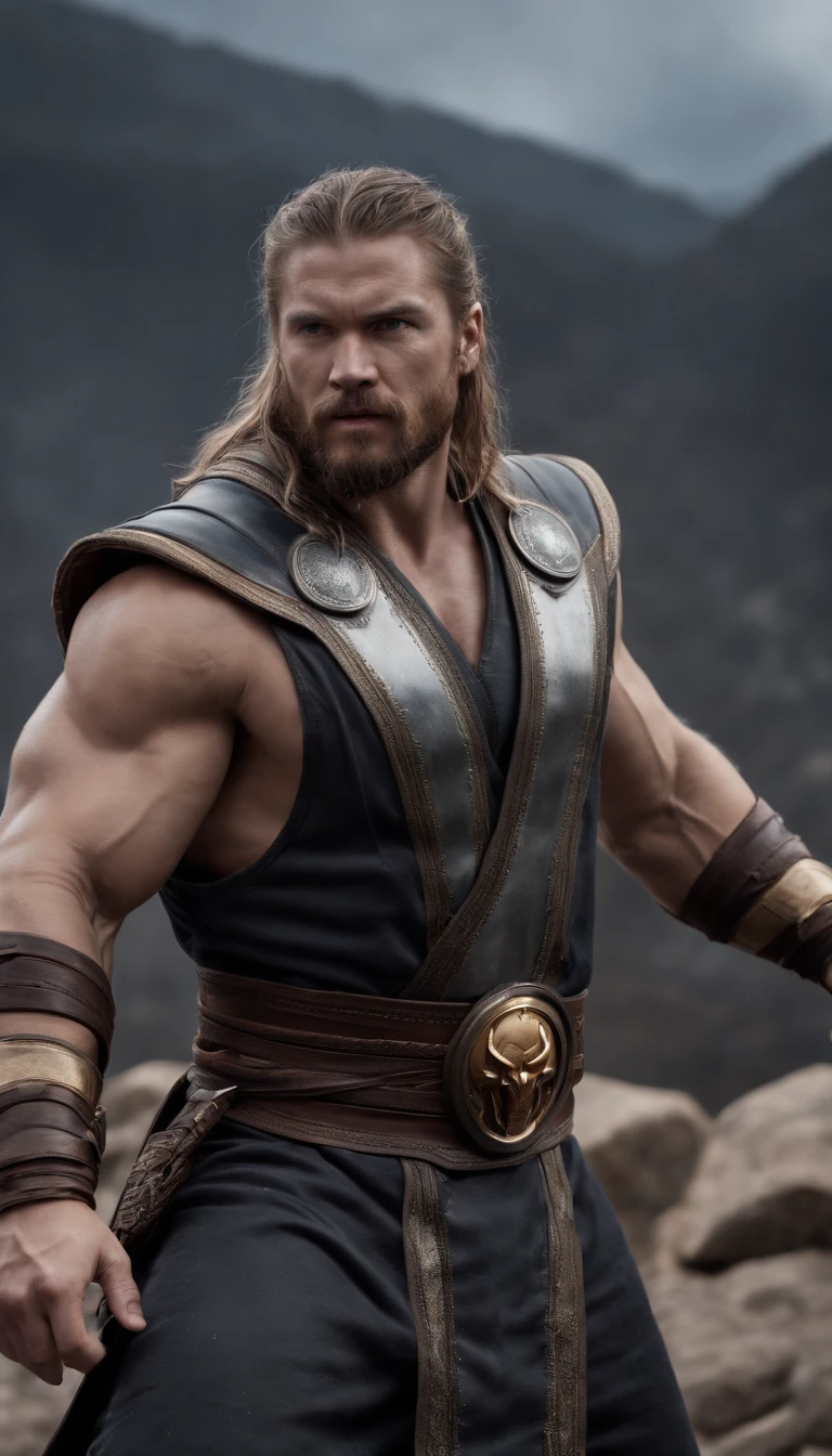 mortal kombat (thor marvel) character concept super strong, muscular, ABS, 35mm lens, photography, ultra details, HDR, UHD, 8K