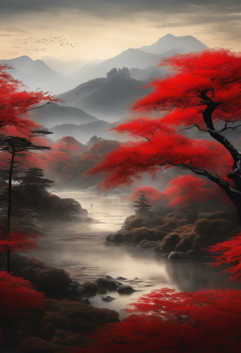Japanese landscape,old Japanese paint,rice paper,red sun,black trees,brush strokes,stylize 750,8k resolution,ultra-detailed,photorealistic,HDR,professional,vivid colors,studio lighting,bokeh