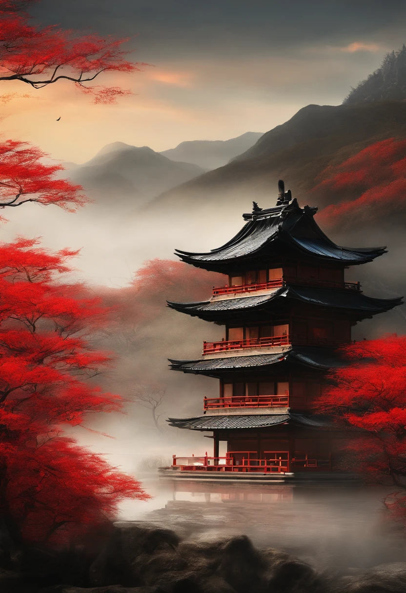 Japanese landscape,old Japanese paint,rice paper,red sun,black trees,brush strokes,stylize 750,8k resolution,ultra-detailed,photorealistic,HDR,professional,vivid colors,studio lighting,bokeh