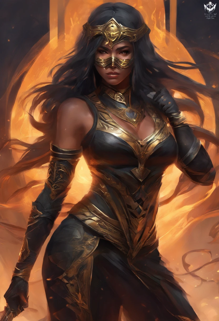 high quality, detailed, face detailed, mortal kombat style, woman, with black mask, black warrior clothes, with kunai knifes, her hair short and black, eyes are black and detailed,
