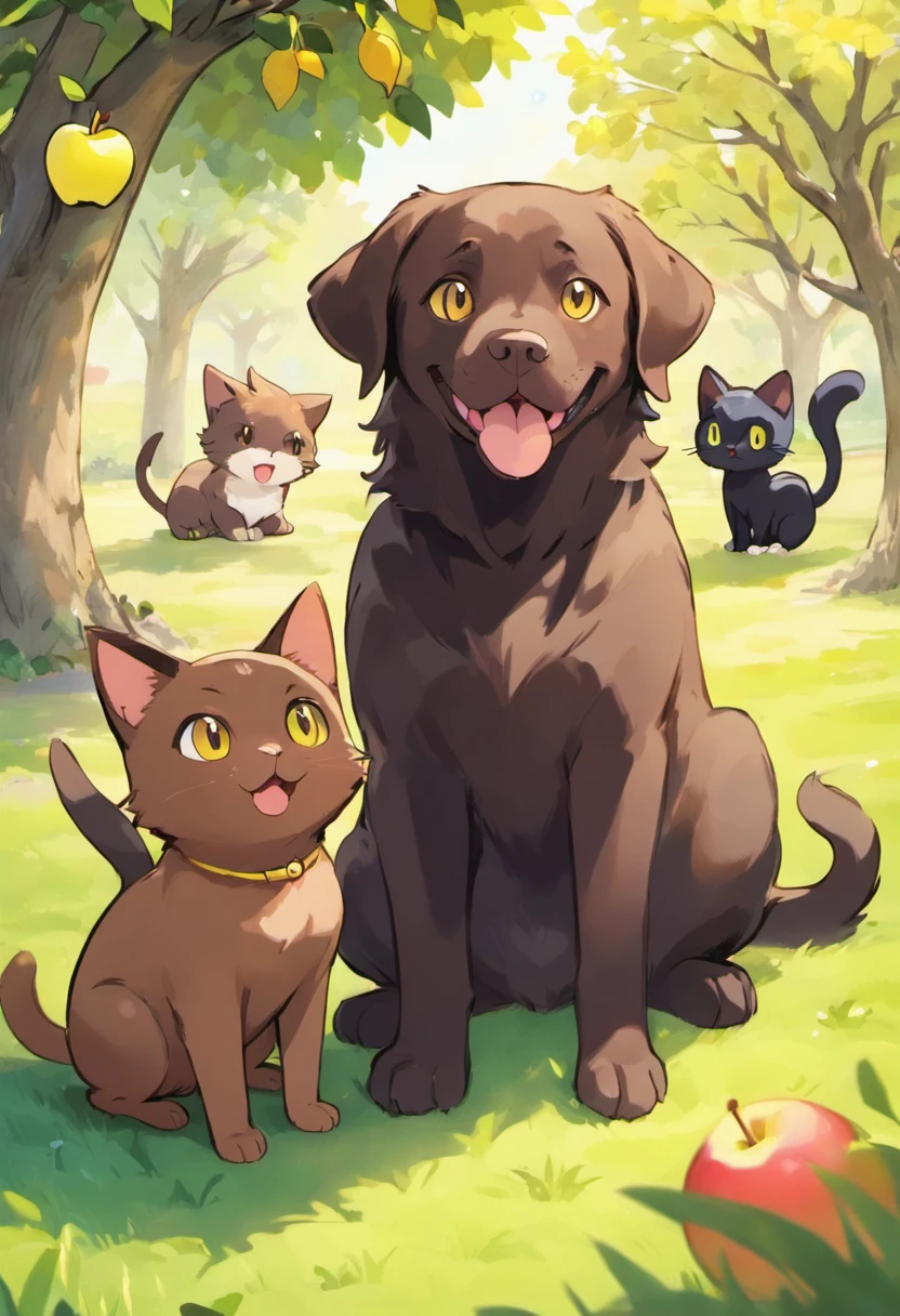 In the center of the image there is a brown chocolate lab sitting next to a black long haired cat with yellow eyes. the chocolate lab has a happy goofy facial expression, and the black cat looks irritated and has large expressive eyes, the background is a grassy backyard with an apple tree and there are apples on the ground