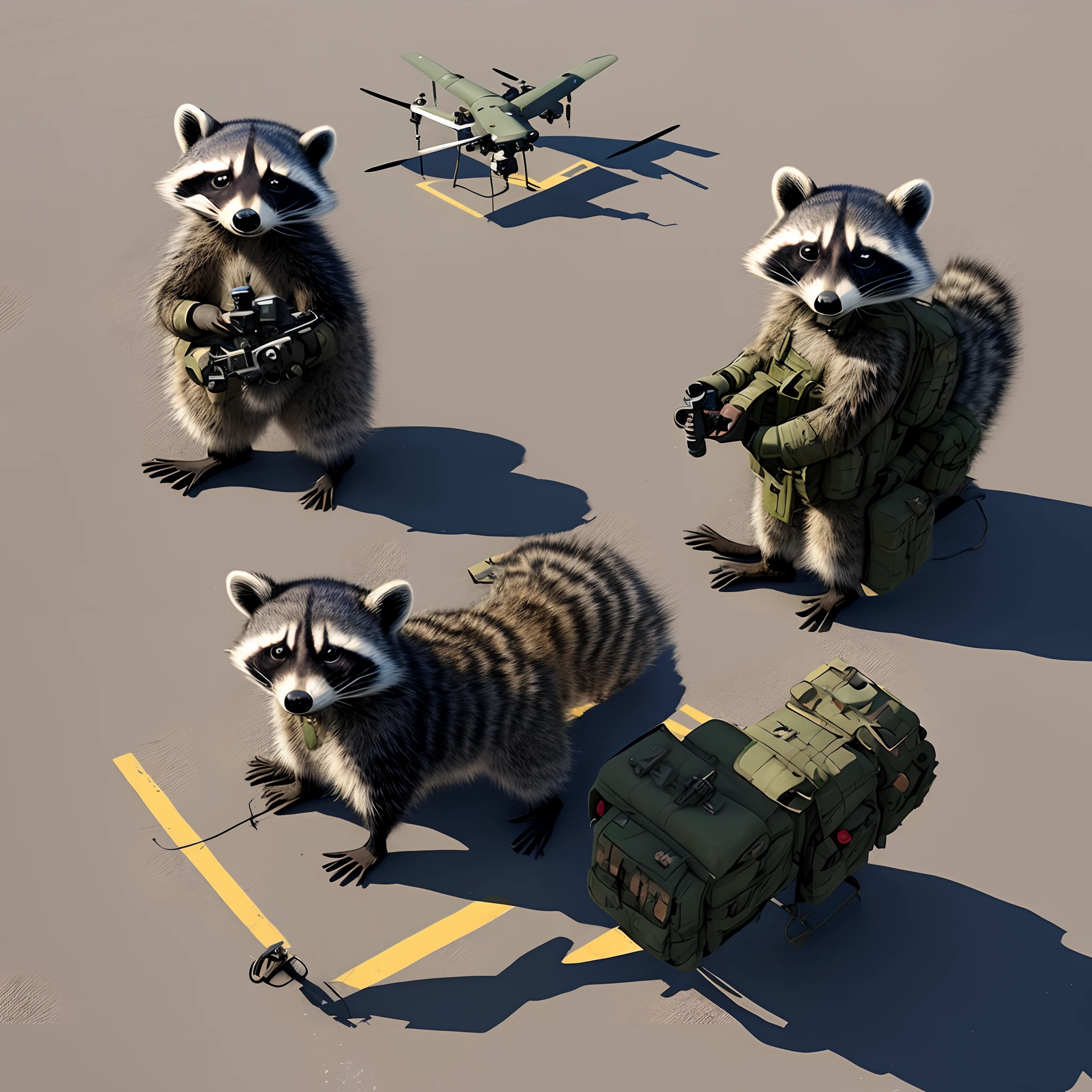 a cartoon of a cute, fierce, scary looking soldier raccoon watching a Shadow RQ-7B v2 UAS flying