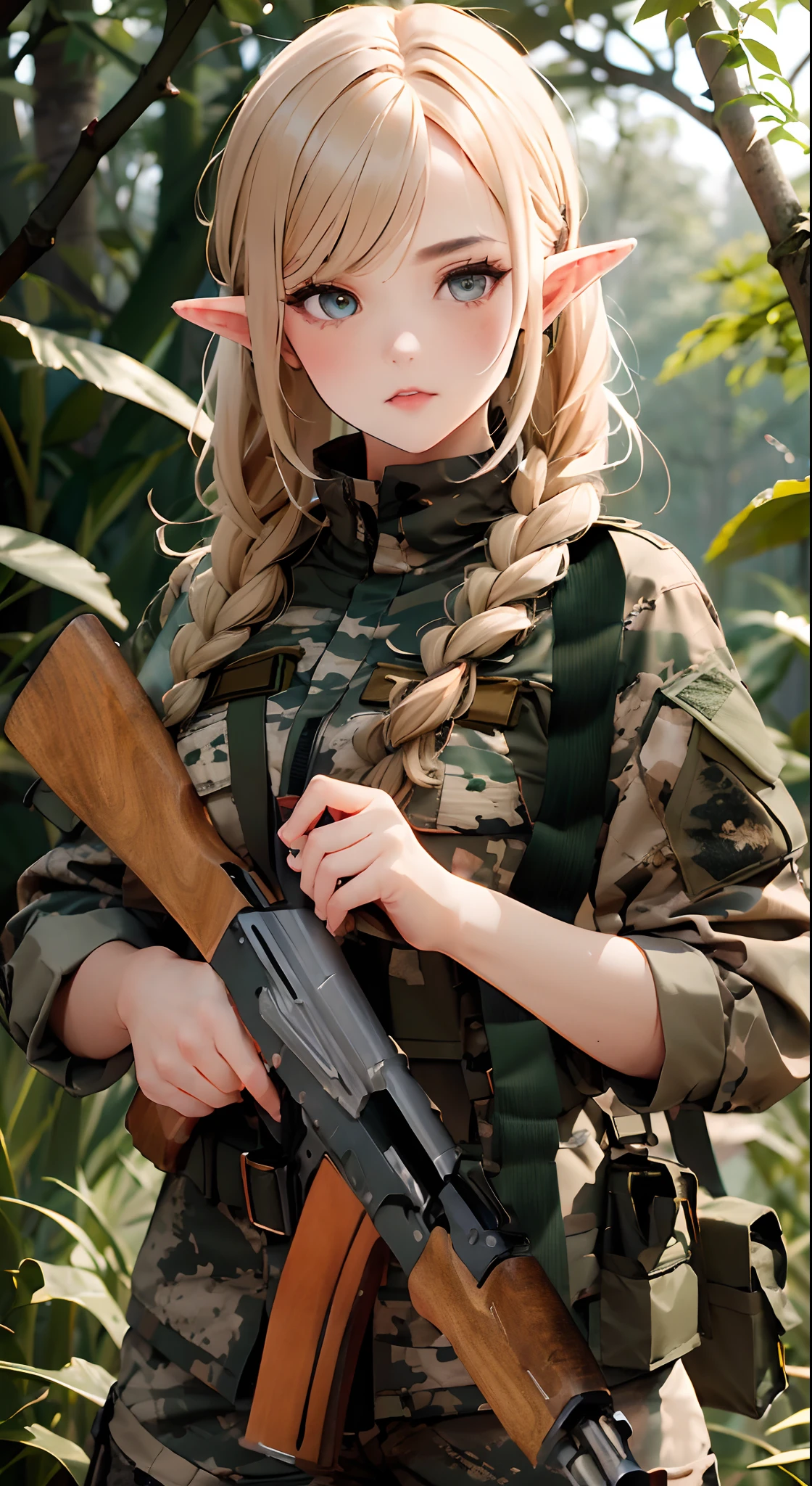 Female elf soldier, wearing Spotted forest camo Russian military uniform, , detailed eyes, detailed hands, detailed face, detailed hair, (elf with gonden hair), braided haircut, holding AK47, forest background