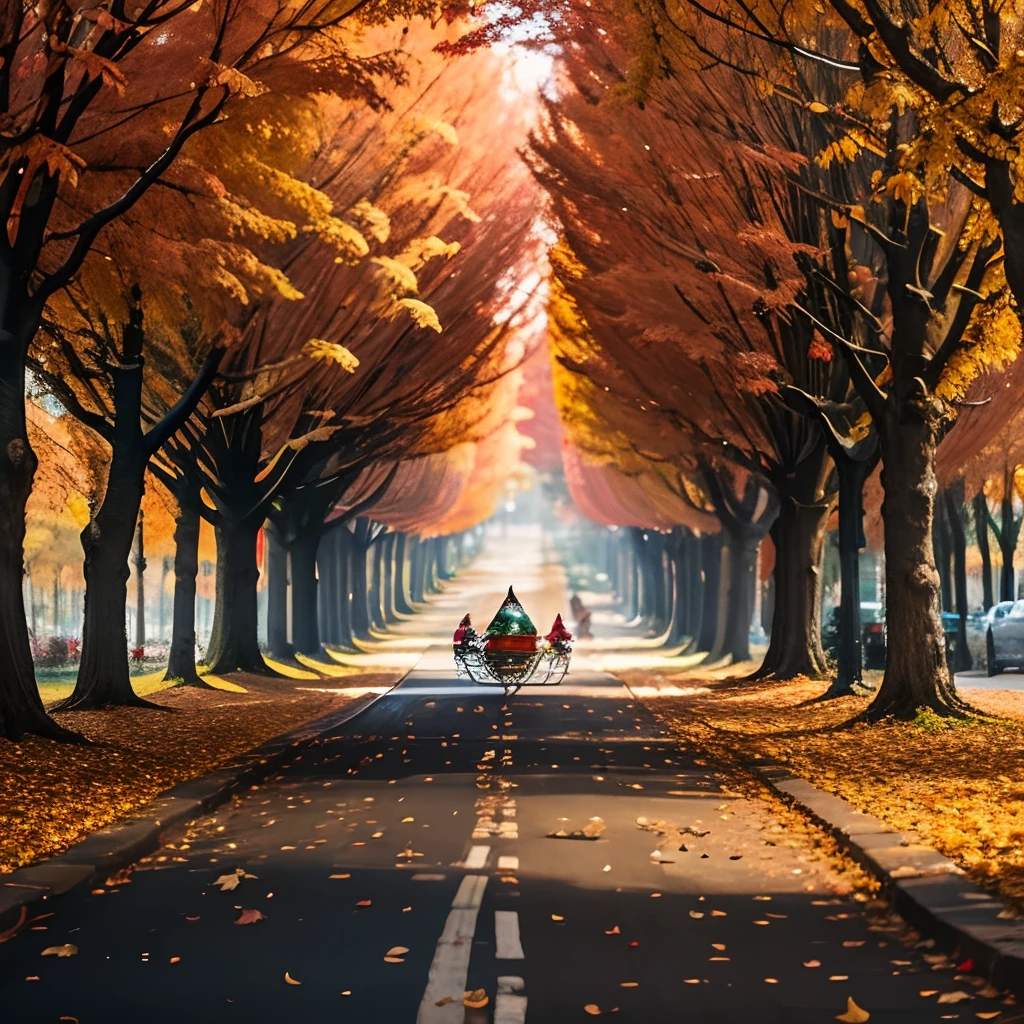 Capture the beauty of autumn with a festive touch as a Christmas sleigh full of elves awaits at the end of a colorful autumn street