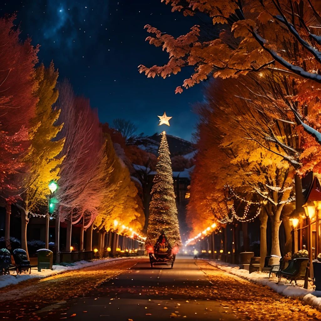 Capture the beauty of autumn with a festive touch as a Christmas sleigh full of elves awaits at the end of a colorful autumn street