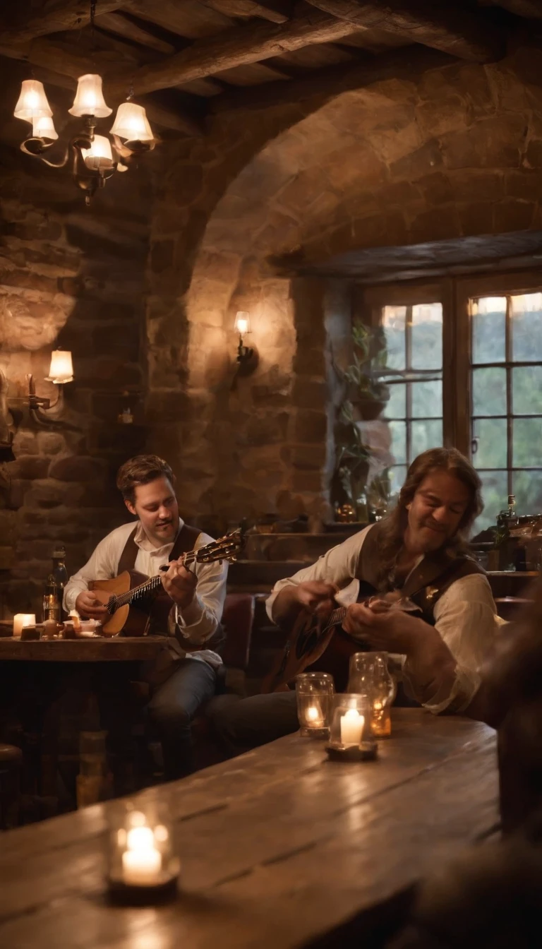 (best quality,realistic:1.37),young man with a guitar in a tavern,rustic wooden interior,soft warm lighting,musician playing soulful tunes,expressive fingers strumming the strings,vibrant atmosphere,relaxed and intimate setting,subtle smoke swirling in the air,aged brick walls,patrons enjoying drinks and conversation,vintage decor and furnishings,gentle melody filling the space,flickering candlelight,captured moment of artistic spirit,emotionally evocative scene,classic acoustic instrument,talented musician immersed in his craft,authentic and nostalgic ambiance,gentle plucking of the guitar strings,lively energy and soulfulness,Romantic and rustic tone,vibrant colors in the tavern,cozy and inviting atmosphere,lively conversations blending with the music,wooden beams and barrels creating a rustic backdrop,tavern serving as a haven for live music,wisps of music floating through the air,warmth and camaraderie among the tavern-goers,enchanting and captivating performance,whispered stories and shared laughter,eyes closed in musical bliss,graceful movements and soulful lyrics,serene and captivating essence of the scene,sense of nostalgia and longing,tavern filled with music and warmth,passionate and soul-stirring performance,notes of melancholy and joy blending together.