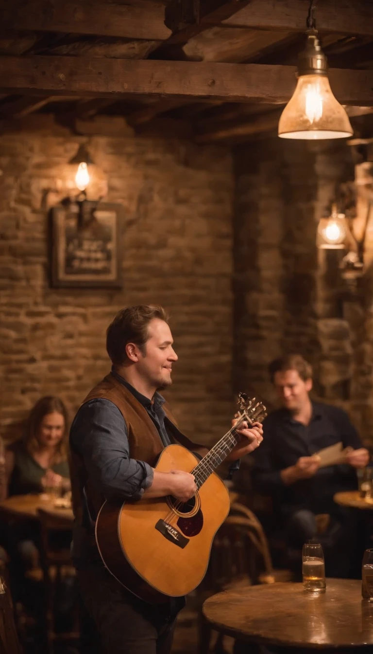(best quality,realistic:1.37),young man with a guitar in a tavern,rustic wooden interior,soft warm lighting,musician playing soulful tunes,expressive fingers strumming the strings,vibrant atmosphere,relaxed and intimate setting,subtle smoke swirling in the air,aged brick walls,patrons enjoying drinks and conversation,vintage decor and furnishings,gentle melody filling the space,flickering candlelight,captured moment of artistic spirit,emotionally evocative scene,classic acoustic instrument,talented musician immersed in his craft,authentic and nostalgic ambiance,gentle plucking of the guitar strings,lively energy and soulfulness,Romantic and rustic tone,vibrant colors in the tavern,cozy and inviting atmosphere,lively conversations blending with the music,wooden beams and barrels creating a rustic backdrop,tavern serving as a haven for live music,wisps of music floating through the air,warmth and camaraderie among the tavern-goers,enchanting and captivating performance,whispered stories and shared laughter,eyes closed in musical bliss,graceful movements and soulful lyrics,serene and captivating essence of the scene,sense of nostalgia and longing,tavern filled with music and warmth,passionate and soul-stirring performance,notes of melancholy and joy blending together.