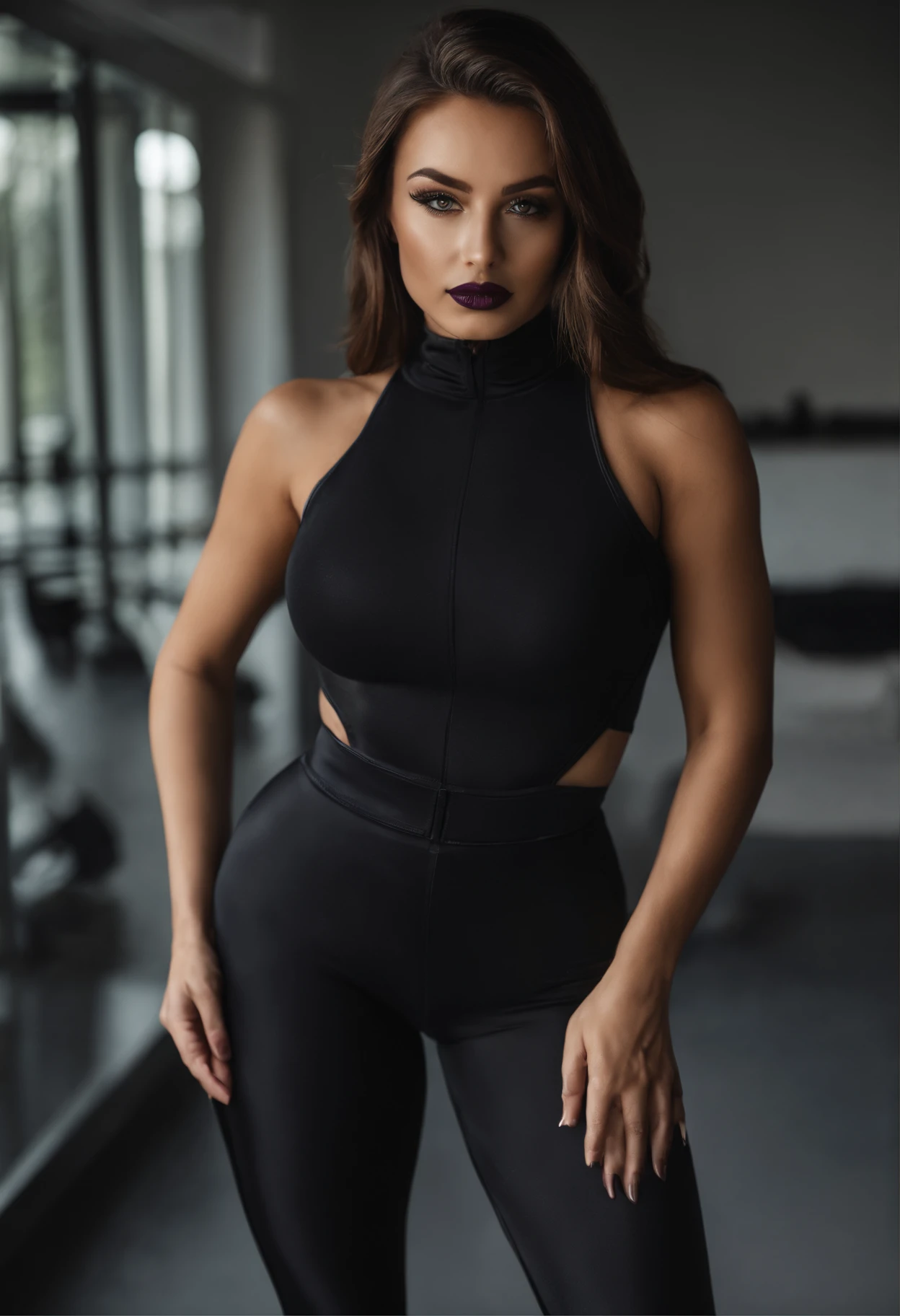 Arafed woman in black sports tracksuit, fille sexy aux yeux verts, Portrait Sophie Mudd, cheveux bruns et grands yeux, selfie of a young woman, Yeux de chambre, Dark purple lipstick, pas de maquillage, maquillage naturel, looking straight at camera, Visage avec Artgram, maquillage fin, Superbe plan complet, piercing green eyes, Bel angle, pose attrayante, douce fille, sexy pose, Image pleine longueur, complet - corps, Prise de vue du corps entier, brunette goddess, High detail, Posture satisfaite, Pantalon en cuir, gothique, Sein apparent, Tenue sexy, Stern look, Vulgaire, Pied apparent, Dominante