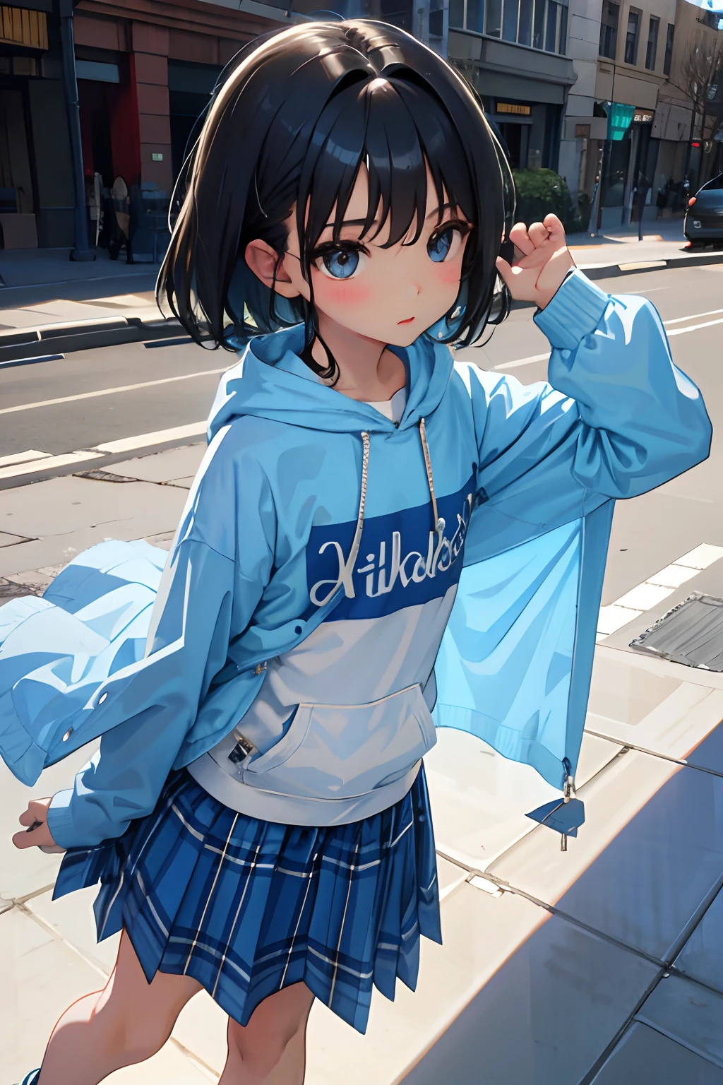child,(masterpiece,Highest Quality),Light blue sheer hoodie,plaid skirts,A dark-haired