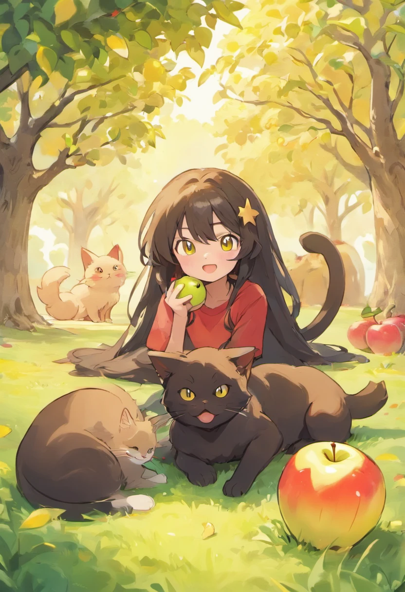in the center of the image there is a slim chocolate lab with happy goofy facial expression sitting next to a black long haired cat that looks irritated with large expressive yellow eyes. the background is a grassy backyard with an apple tree and there are apples on the ground