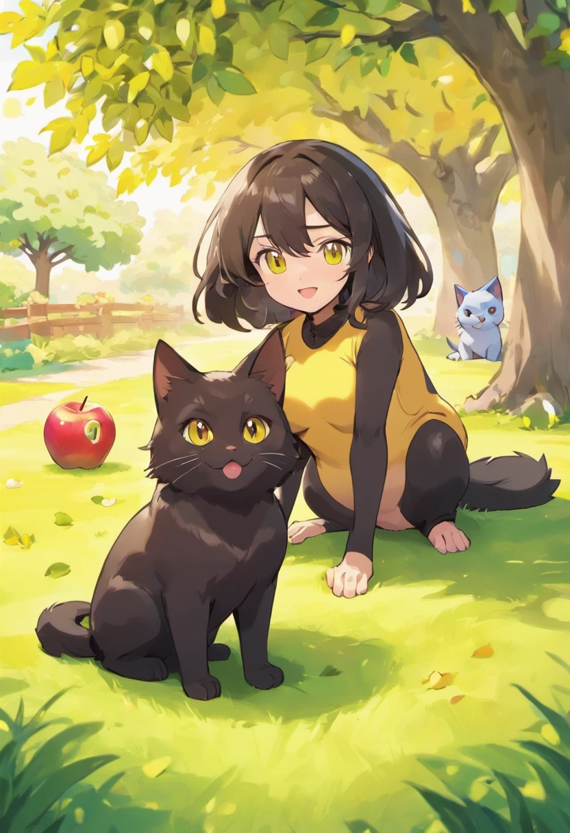 in the center of the image there is a slim chocolate lab with happy goofy facial expression sitting next to a black long haired cat that looks irritated with large expressive yellow eyes. the background is a grassy backyard with an apple tree and there are apples on the ground