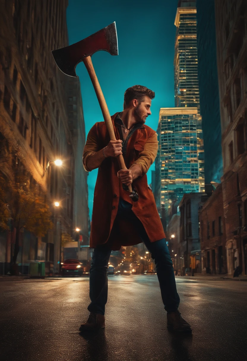 A crazy guy with an axe in the middle of the street in a city