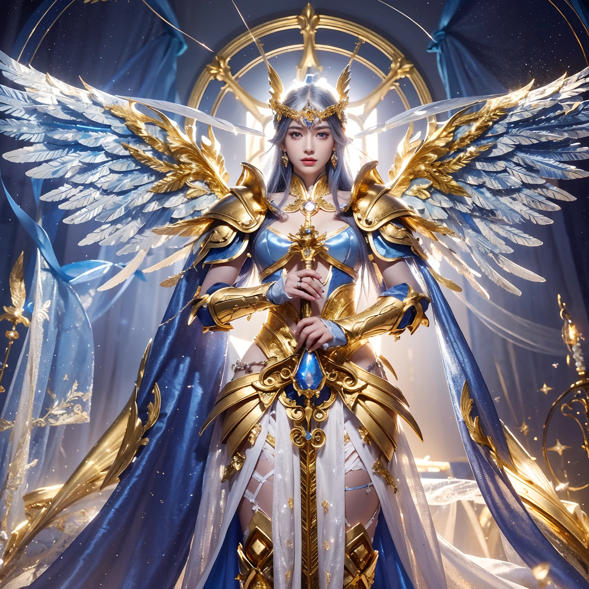 Masterpiece, 8K, HDR,Beautiful and delicate silver long hair, gold eyes, Beautiful lips with transparency, Blue armor with gold and gem , Gold and Jewel , Gold Sword, Feather wings、 Beautiful Goddess , hip up