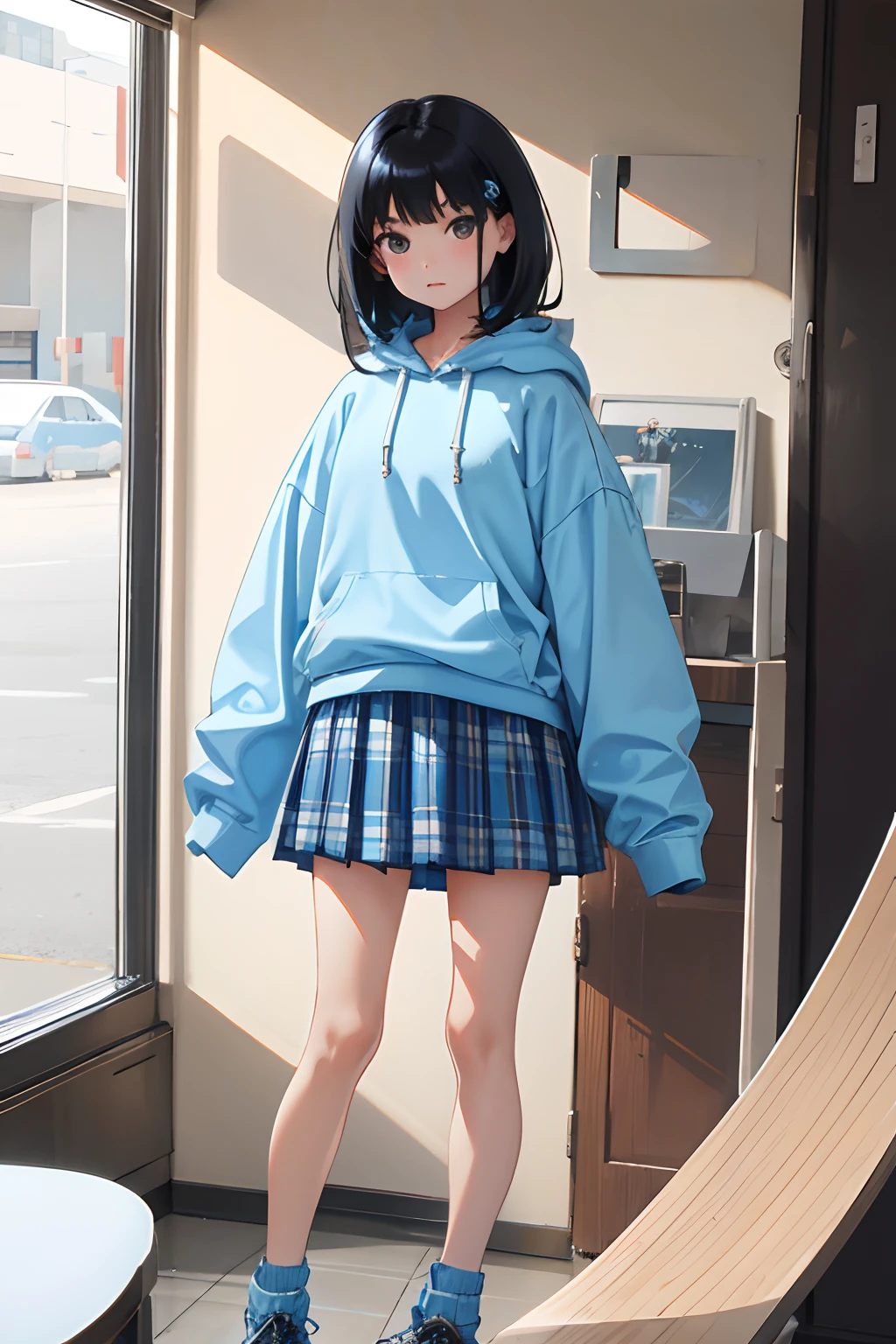 child,(masterpiece,Highest Quality),Light blue sheer hoodie,plaid skirts,A dark-haired