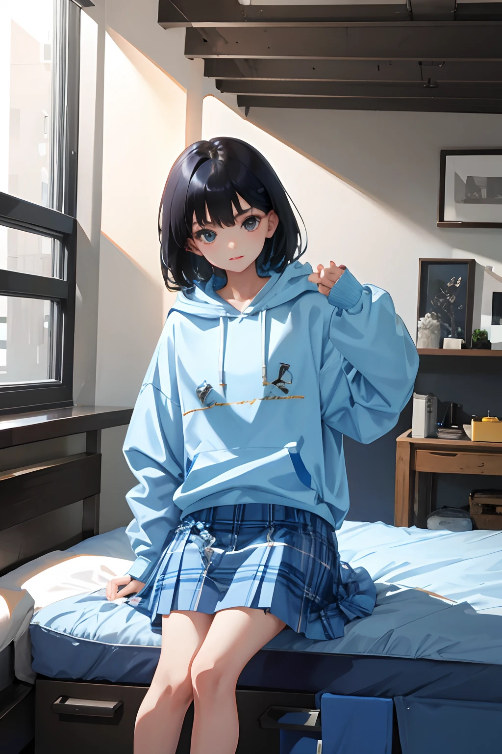 child,(masterpiece,Highest Quality),Light Blue Hoodie,plaid skirts,Short-sleeved black hair