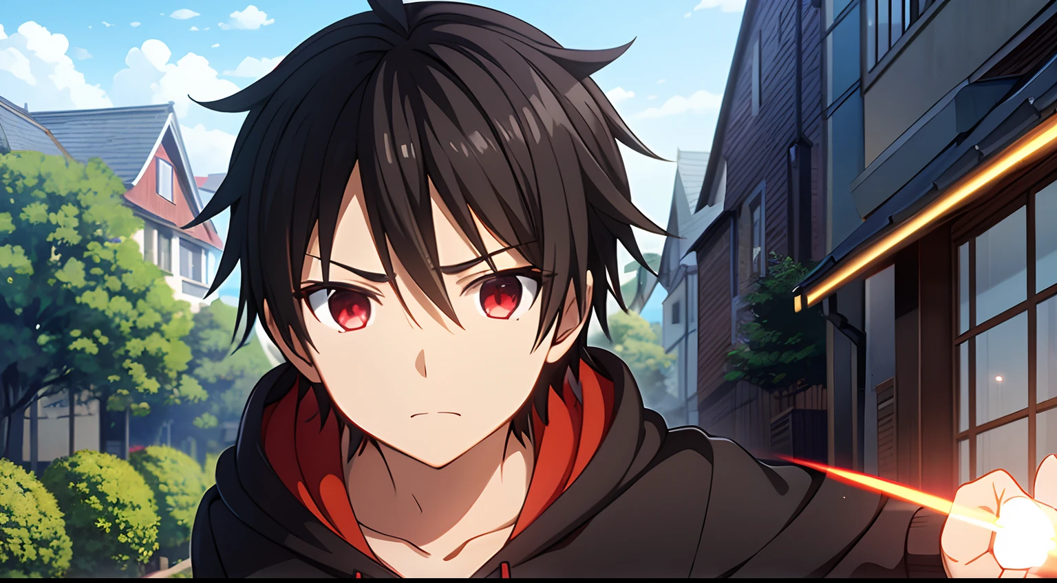 A boy with black hair in Kirito-style, red light beam in his eyes, wearing a white and blue hoodie, with a village full of trees and houses in the background
