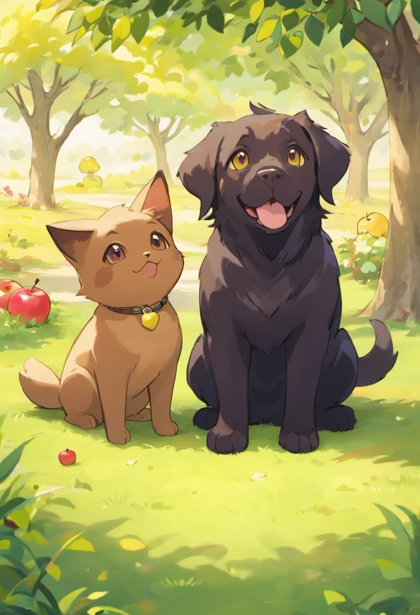 in the center of the image there is a slim chocolate labrador dog that has brown eyes and a happy goofy expression, the dog is sitting next to a black long haired cat that looks irritated with large expressive yellow eyes. the background is a grassy backyard with an apple tree and there are apples on the ground