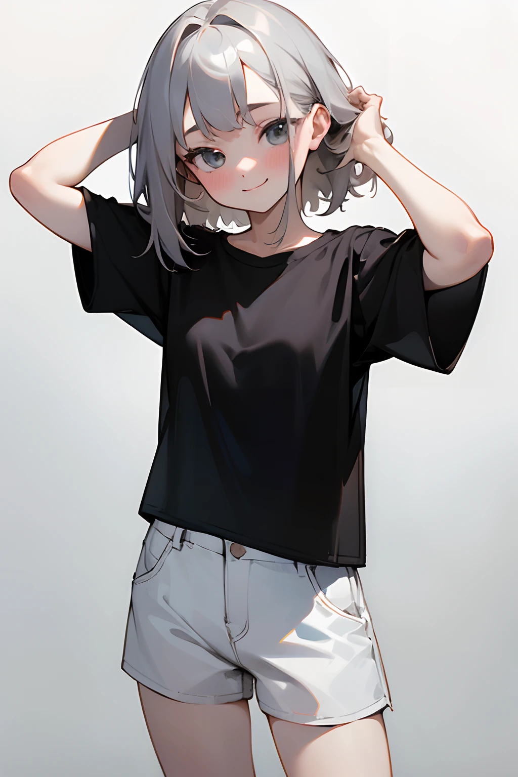 ((Masterpiece)), (Professional Photography:1.2), (High Definition:1.3), portrait shot, best quality, 8K, (from front), ((oversized simply black T-shirt)), cute teenage girl, super cute face, (pale silver medium hair), silky hair, (flat chest), blush, smile, standing proudly, against the white background, place both hands on head, hide a short pant, (exposed thigh)
