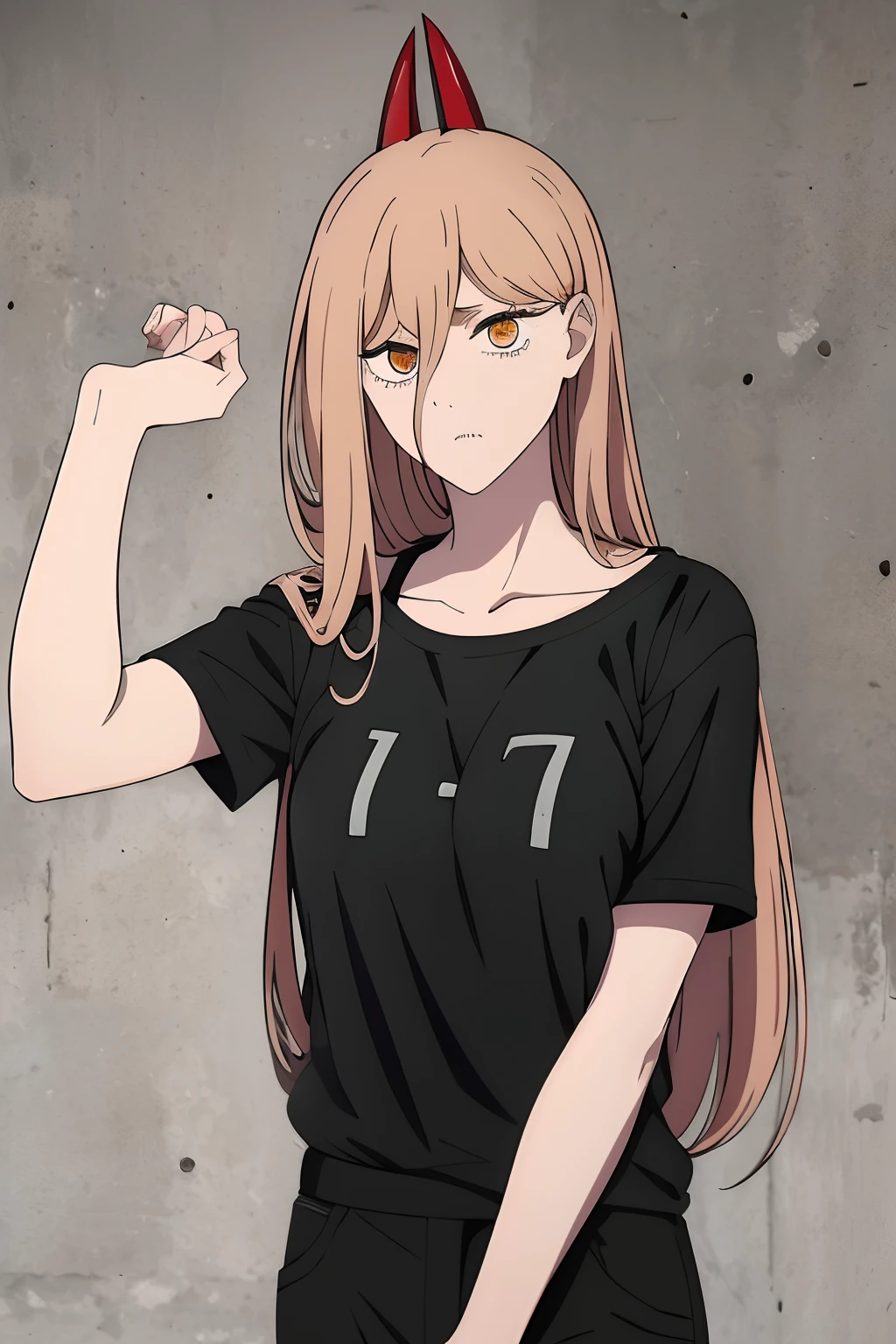 power_chainsawman, power_csm, blonde hair, yellow eyes, cross-shaped pupils, symbol-shaped pupils, red horns, sharp teeth, long bangs, medium breast, 1girl, solo, Black T shirt, black shirt, T-shirt, loose shirt, Black Slacks pants, standing, open pose, looking at viewer, facing at viewer, upper body, eye level, concrete wall background, plain concrete wall background, photoshoot, best quality, ultra detailed, beautiful, masterpiece, best quality