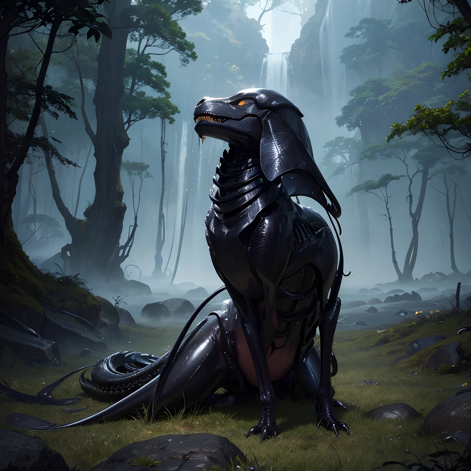 Beautiful female xenomorph, Photorealistic style, creature, scientific fiction, Dark, Smooth texture, Glossy exoskeleton, Biomechanical design, elongated head, elongated jaws, sharpteeth, piercing black eyes, Slender body, The tail of biomechanics, Translucent membrane, creepy atmosphera, Lush alien landscape, Vigorous plants, Mysterious rock formations, Atmospheric lighting, cascading waterfalls, Ethereal fog, Distant alien sky, Fascinating celestial bodies