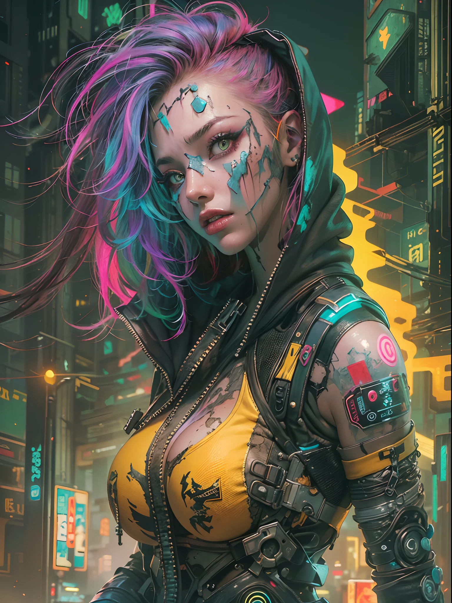 Unbeatable masterpiece, Ultra photo realsisim, Perfect Artwork, Intricate details, Best Quality, strong lights,High contrast,((Post apocalyptic futuristic Cyberpunk , outline):1.35) , ((masterpiece)),((Extremely detailed)) , ((extremely detailed and beautiful face)) , Smoky makeup, Perfectcomposition , intricate detailes , neon light , neon trim, (full body Esbian:1.25) , (Official art) , Very delicately beautiful cyberpunk girl, long rainbow colored hair blowing in the wind, vibrant yellow eyes, long detailed eyelashes, huge enormously gigantic tits, cleavage showing, wearing highly detailed futuristic hooded battle armor, tons of tattoos and piercings(1girl:1.3) , Solo , (glass screen:1.2) , (Clear glass) , Tindall Effect , Colorful refraction , visual impact , (High light contrast) , Colorful , Melt , (Cyberpunk:1.2) ,(flinch :1.4) ,