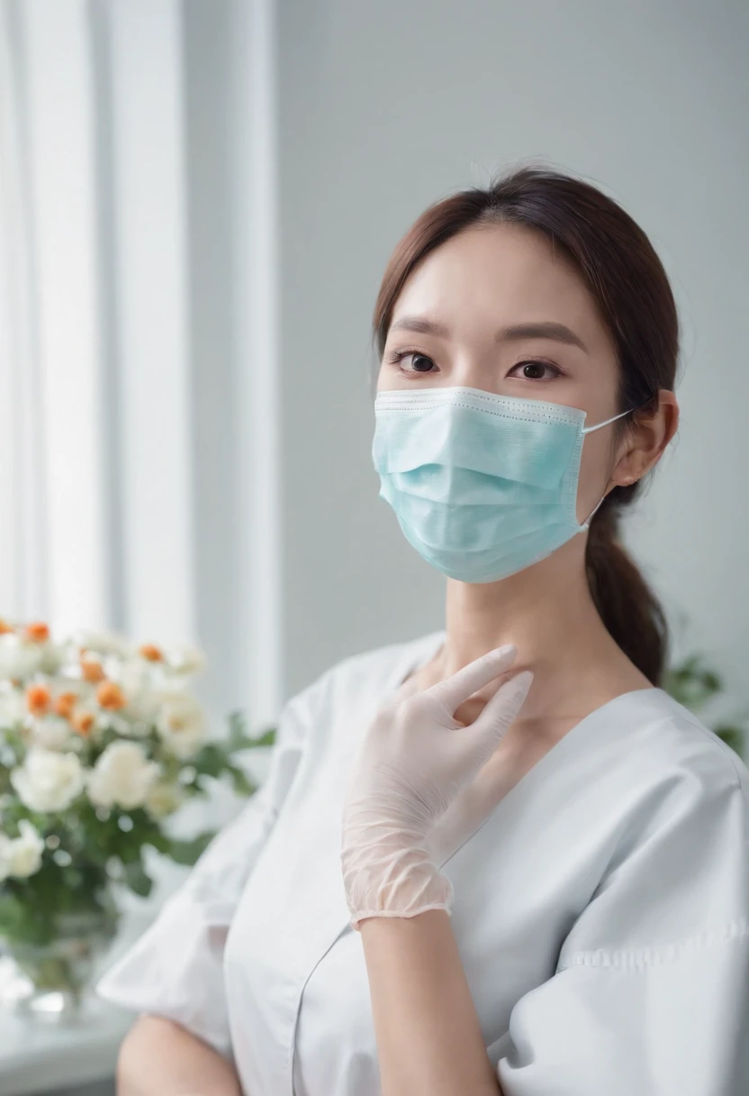 Dental hygienist Mei-Ling in a dental clinic. Highly realistic. Latex Gloves、Cream latex gloves、Long gloves、Glossy gloves、White Puff Sleeve Dress、Floral apron、Wear a surgical mask、The perfect surgical mask