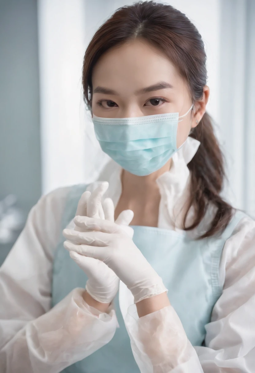 Dental hygienist Mei-Ling in a dental clinic. Highly realistic. Latex Gloves、Cream latex gloves、Long gloves、Glossy gloves、White Puff Sleeve Dress、Floral apron、Wear a surgical mask、The perfect surgical mask