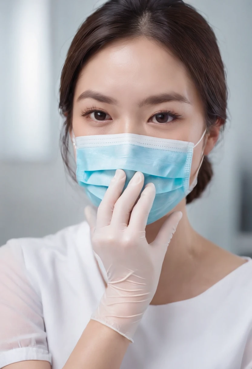 Dental hygienist Mei-Ling in a dental clinic. Highly realistic. Latex Gloves、Cream latex gloves、Long gloves、Glossy gloves、White Puff Sleeve Dress、Floral apron、Wear a surgical mask、The perfect surgical mask