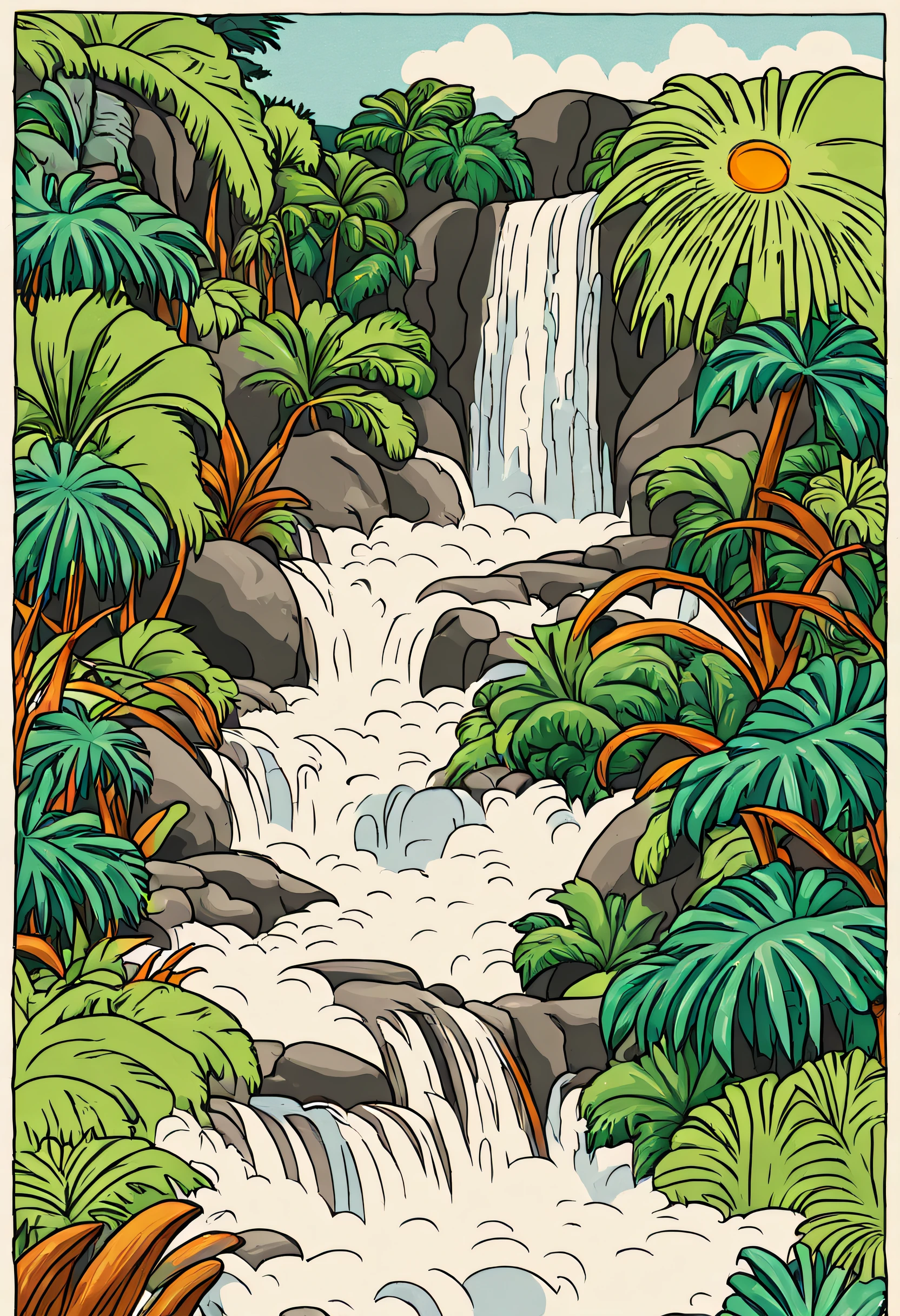 Illustration of waterfalls in the jungle amazonica