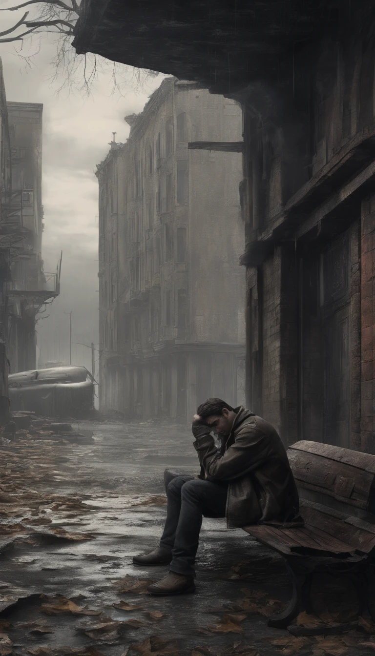 (a man sitting on a wooden bench,dilapidated city) (best quality,4k,8k,highres,masterpiece:1.2),ultra-detailed,(realistic,photorealistic,photo-realistic:1.37),oil painting,dark and gloomy atmosphere,urban decay,broken buildings,crumbling facades,barren streets,decaying infrastructure,dramatic lighting,desolate surroundings,rain-soaked ground,falling leaves,loneliness,desperation,reflection,blurry figures in the background,hopelessness,shattered dreams,desperate times,subtle hues of gray and brown,soft natural light